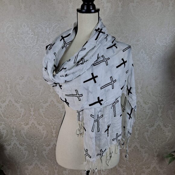 White Scarf With Black Cross Pattern Fringed Ends Lightweight - Picture 1 of 4